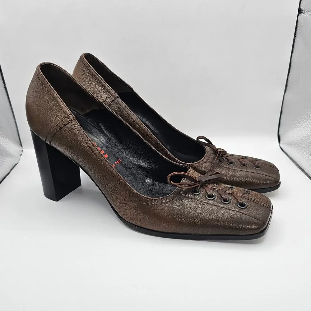 Miu Miu Vintage 90s Brown Leather Lace Up Corset Square Toe Pump Heels 40 9